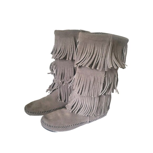 Minnetonka Gray Suede Leather Moccasins Fringe Boots Pull On 1631T Womens Size 8 - Picture 1 of 6